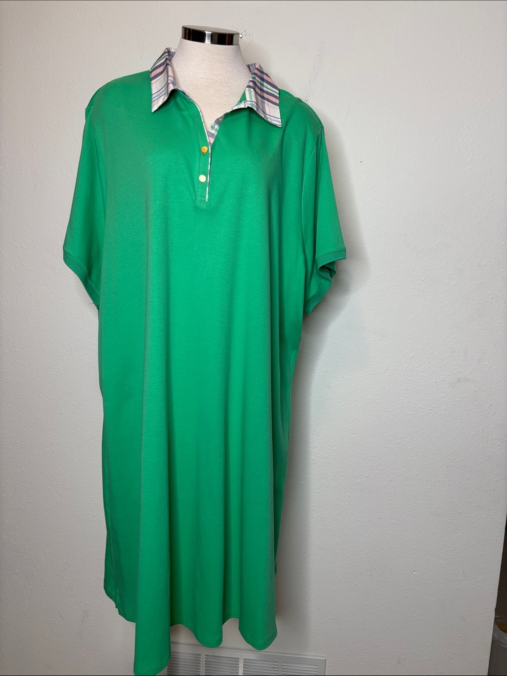 Kim Rogers Bright Green Polo-Style Midi Dress with Striped Collar